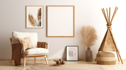 Generative AI Empty wall mockup in warm neutral beige room interior with wicker armchair, ethnic pillow, round jute rug, boho style decoration and free space. Illustration, 3d rendering