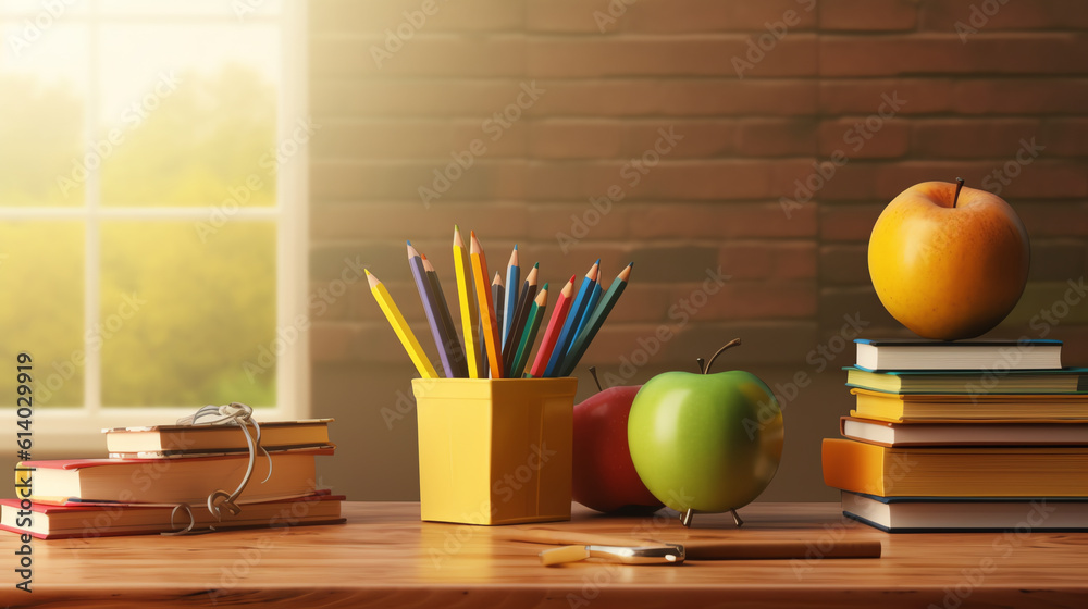 Aufkleber generative ai cartoon style school elements - book, pen, pencils and red apple on desk in empty clas