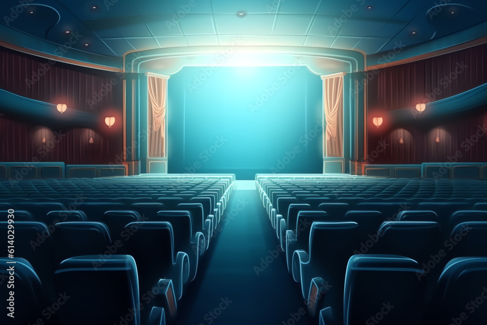 Poster generative ai empty blue cinema with white screen and seats. side view