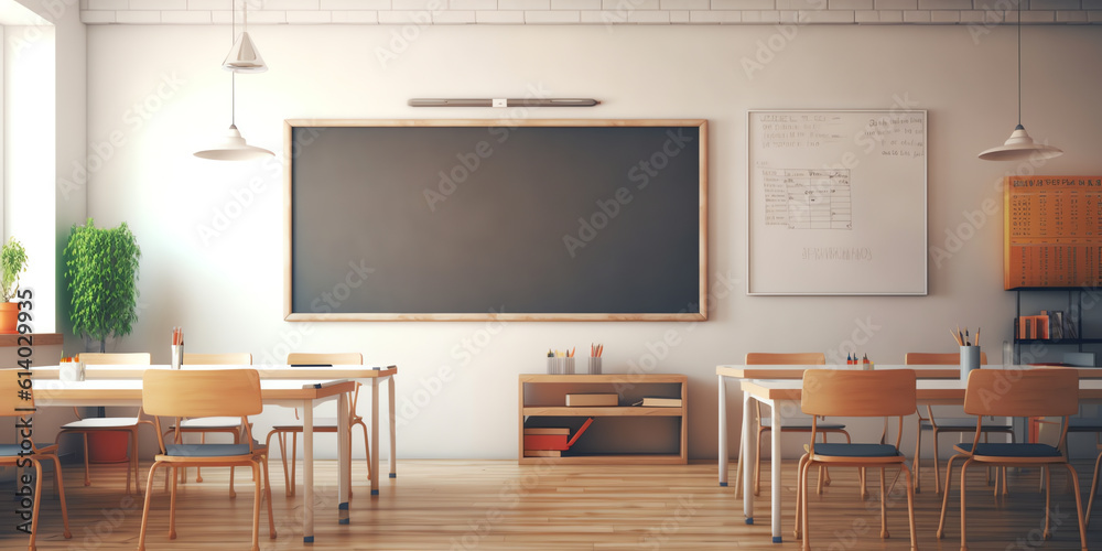 Poster generative ai lecture room or school empty classroom with desks and chair iron wood for studying les