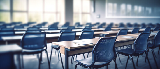 Generative AI Empty classroom with blue desks and chairs.