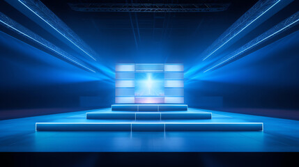 Generative AI Online event entertainment concept. Background for online concert. Blue stage spotlights. Empty stage with blue spotlights. Blue stage lights. Online COVID-19 concert. Live streaming con