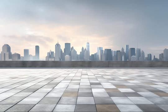 Generative AI Empty square floor and modern city buildings with skyline by the sea