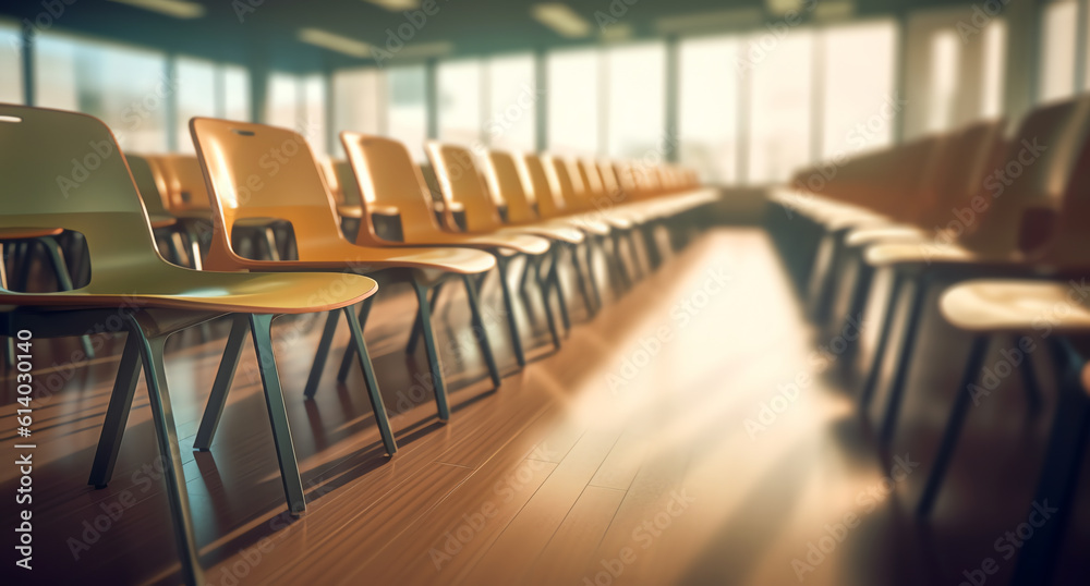 Poster Generative AI Empty classroom with a lot of chair with no student. Empty classroom with vintage tone wooden chairs. Back to school concept.