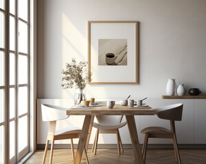 Generative AI Scandinavian classic white kitchen with wooden details, minimalistic interior design. Modern furniture with accessories and various utensils, table and chairs in dinning room, copy space