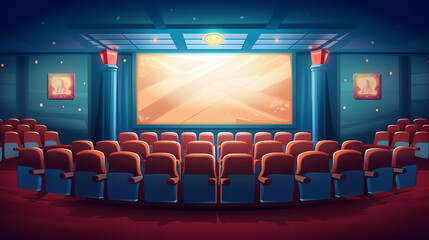 Generative AI Cinema movie theater with blank screen and red seat, vector illustration