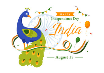 Happy Independence Day India Vector Illustration on 15 August with Indian Flag in Flat Cartoon Hand Drawn Celebration Background Templates