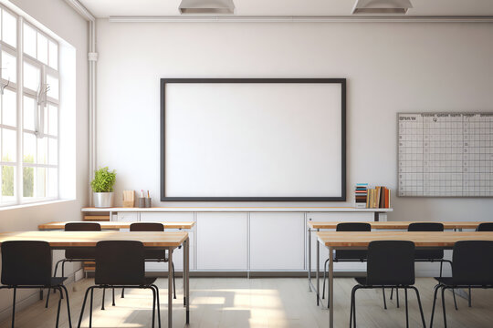 Generative AI Classroom school.Interior of clean spacious classroom ready for new school year. Empty room with white walls, comfortable desks, chairs, green blackboard, whiteboard. Back to school.