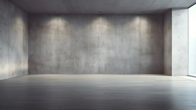 Generative AI 3d rendering of empty concrete room with light and shadow on the curve wall.