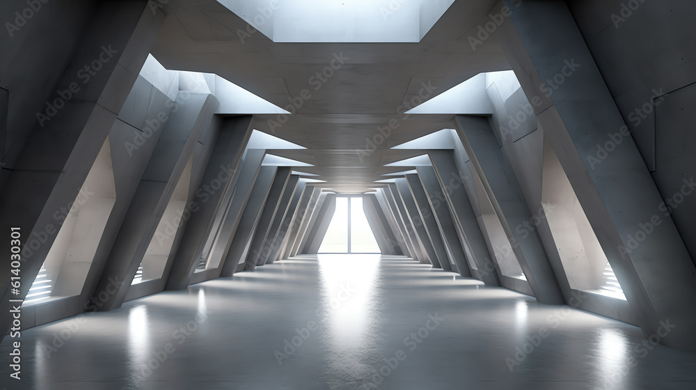Poster Generative AI 3d render of abstract futuristic architecture with concrete floor.