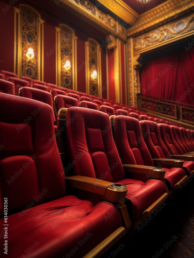 Poster Generative AI Rows of red velvet seats watching movies in the cinema with copy space banner background. Entertainment and Theater concept. 3D illustration rendering