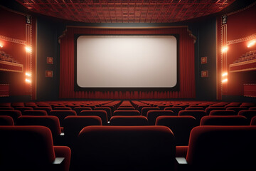 Fototapeta premium Generative AI Cinema auditorium with screen and red seats. Vector.