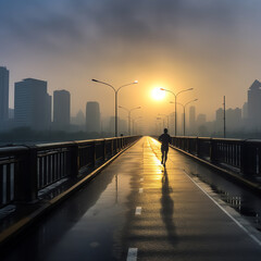 Generative AI Empty asphalt road and Chongqing city skyline and buildings at sunset,China.