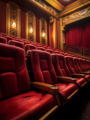 Fototapeta premium Generative AI Rows of red velvet seats watching movies in the cinema with copy space banner background. Entertainment and Theater concept. 3D illustration rendering