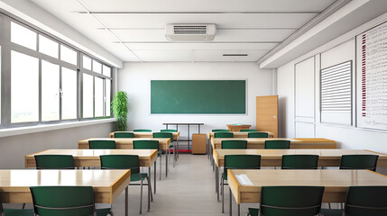 Generative AI School classroom in blur background without young student; Blurry view of elementary class room no kid or teacher with chairs and tables in campus.