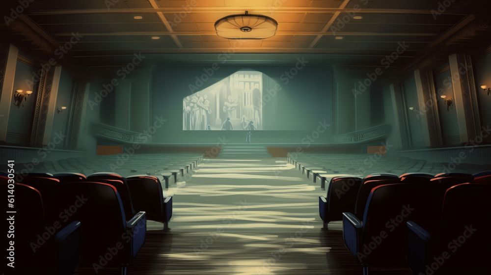 Poster generative ai empty movie theatre. dark cinema hall with blue screen and 5d virtual reality. modern 