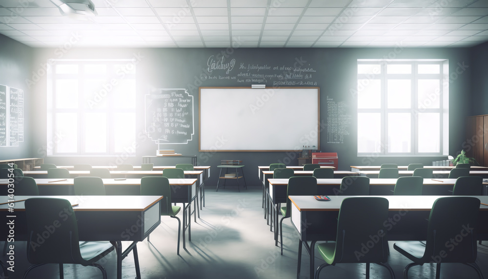 Aufkleber generative ai empty modern classroom with chairs, desks and chalkboard.