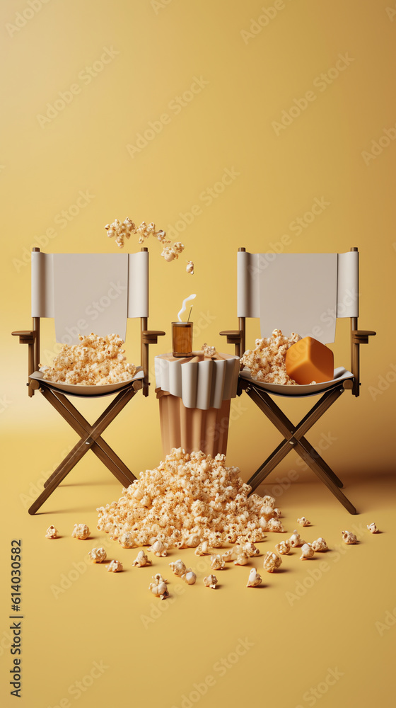 Poster generative ai cinema concept - front view of red cinema chair with cup drink and box of popcorn on w