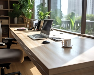 Generative AI Wooden table with laptop and chair in office