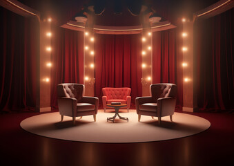 Generative AI Cinema screen. Cinema with screen and seat. Theater hall with interior. Auditorium for movie, theatre. Empty stage for film. Red chair with scene for presentation. Background for adverti