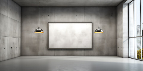 Generative AI Empty room with big windows, blank blackboard, lamps and concrete floor 3D Render