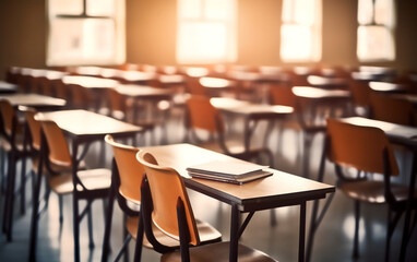 Fototapeta premium Generative AI Black and white blur image of inside classroom.(On vintage tone)