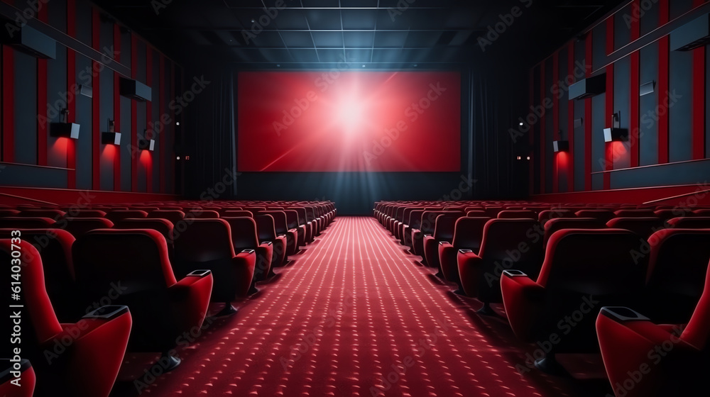 Aufkleber Generative AI View inside the cinema on the screen and seats before the movie starts