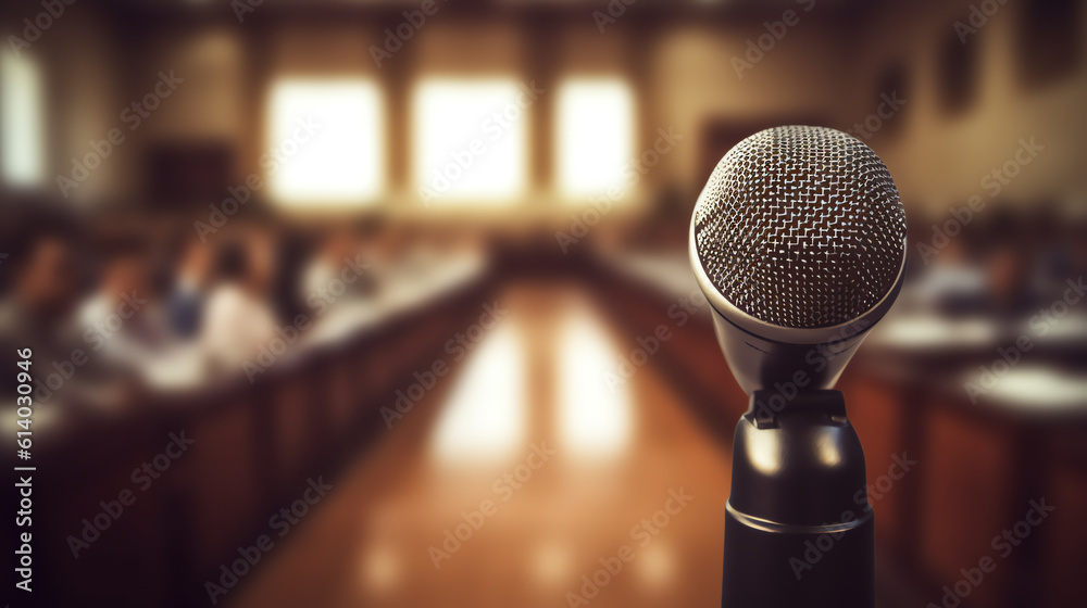 Poster Generative AI Microphone at the podium with empty pews