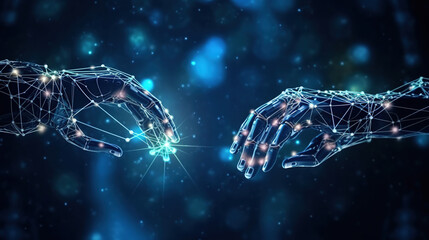 Hands of robot and human touching on big data network connection background