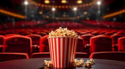 Generative AI Cup of popcorn on chair in empty cinema - obrazy, fototapety, plakaty