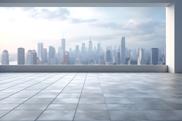 Generative AI empty brick floor with city skyline background - obrazy, fototapety, plakaty