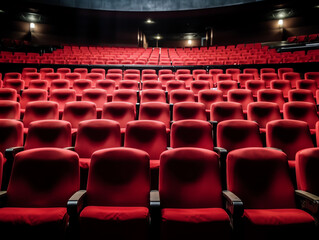 Fototapeta premium Generative AI Empty comfortable red seats with numbers in cinema