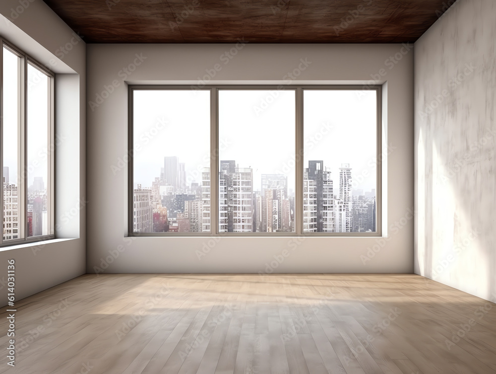 Sticker generative ai interior of empty attic room with gray and dark wooden walls, tiled floor and panorami