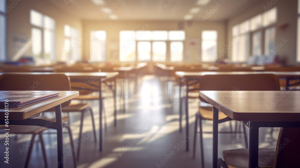 Poster Generative AI Empty school classroom with many wooden chairs. Wooden chairs in classroom. Wooden arranged in classroom. Empty classroom with vintage tone wooden chairs. Back to school concept.