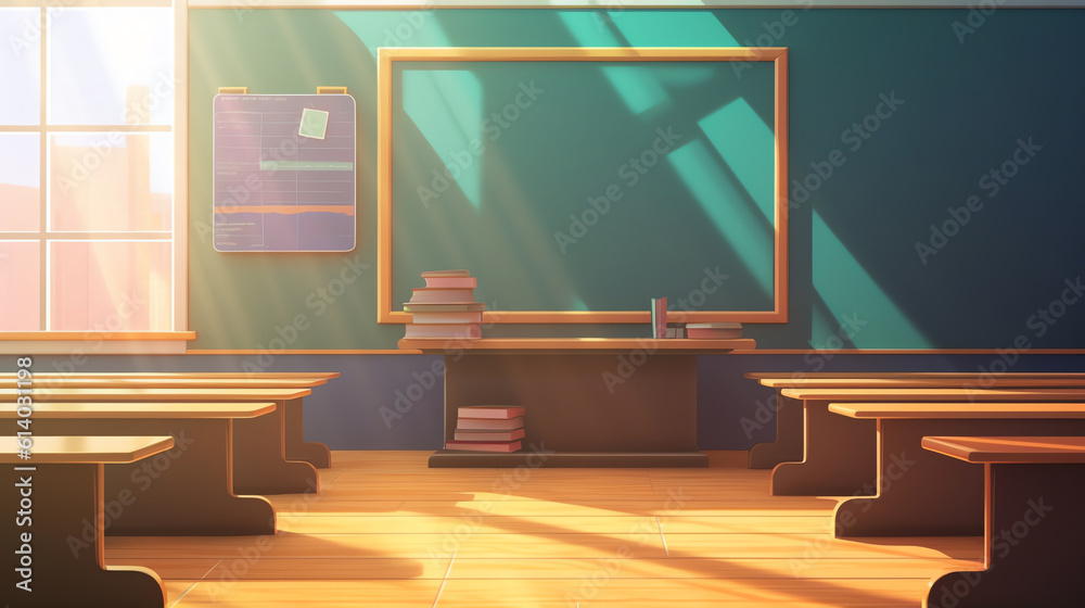 Poster generative ai empty school class room with board desk, shelf, books, clock. modern vector illustrati