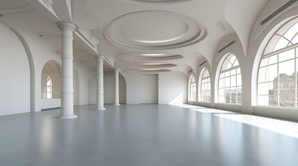 Generative AI View of empty white room with arch design and concrete floor,Museum space, Chapel entrance, Perspective of minimal architecture. 3D render.
