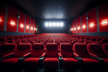 Generative AI Cinema auditorium with red seats and white blank screen - obrazy, fototapety, plakaty