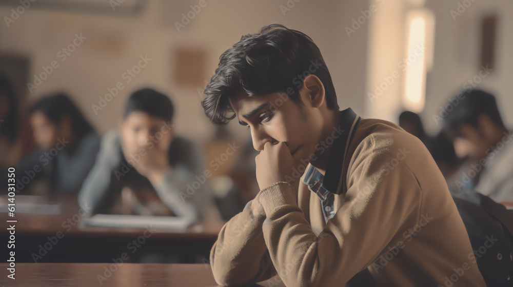 Aufkleber generative ai confused indian kid scratching head while watching bnak chalk board at classroom, stud