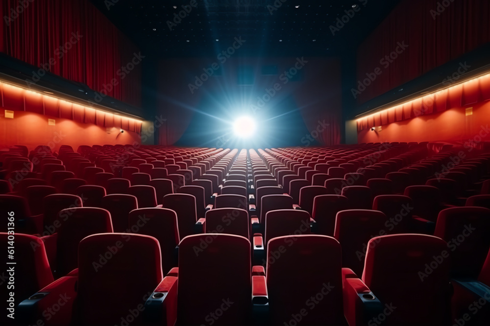 Poster Generative AI Rows of red cinema or theater seats in front of white blank screen.