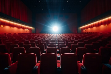 Generative AI Rows of red cinema or theater seats in front of white blank screen.