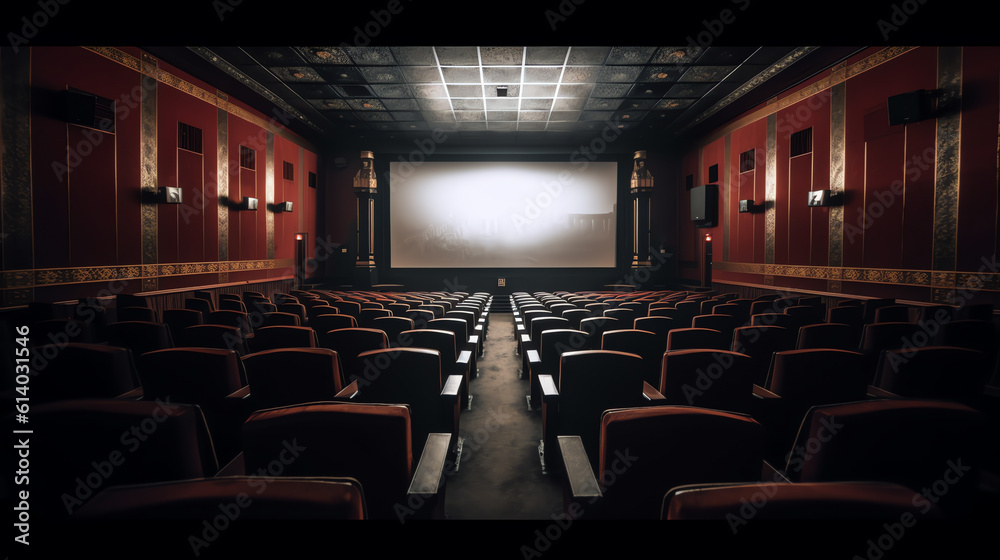 Poster generative ai empty movie theatre interior with screen and seats.