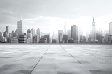 Fototapeta premium Generative AI Empty cement floor with steel pavement, modern building exterior cityscape background. Sunrise scene. Photorealistic 3D rendering.