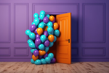 Fototapeta premium Generative AI Entrance door of empty elementary primary school interior furniture children desk decorated with multicolored colorful air balloons against window. Happy knowledge day and back to school