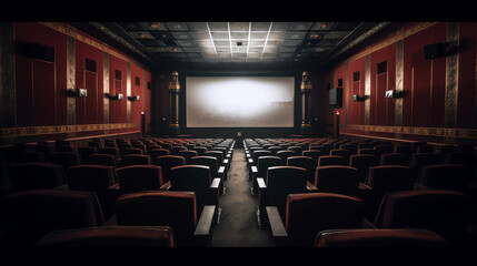 Generative AI Empty movie theatre interior with screen and seats.