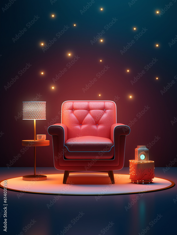 Poster Generative AI One red cinema chair with fizzy drink and box of popcorn over red background. Concept of entertainment. 3d rendering