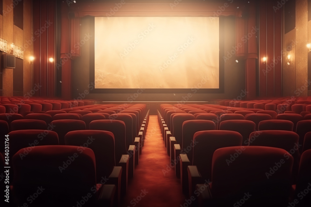 Poster Generative AI Interior of empty cinema with rows of red seats with cup holders and popcorn. Concept of entertainment. 3d rendering toned image