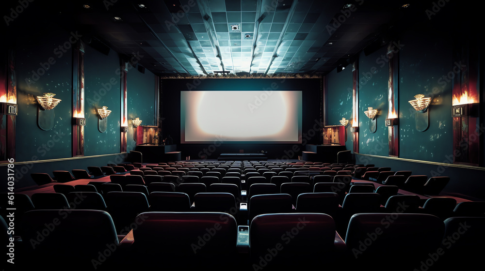 Poster generative ai empty movie theatre interior with screen and seats.