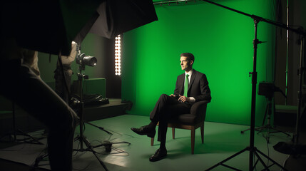 Generative AI Three empty chairs in a studio with green screen