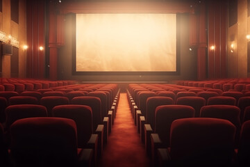 Fototapeta premium Generative AI Interior of empty cinema with rows of red seats with cup holders and popcorn. Concept of entertainment. 3d rendering toned image