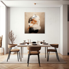 Generative AI Interior design of stylish dining room interior with family wooden table, modern chairs, plate with nuts, salt and pepper shakers. Concrete floor. White wall. Template.